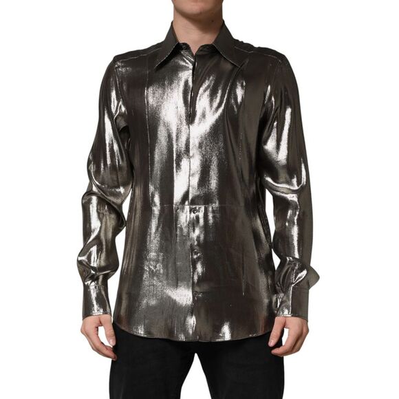 Dolce & Gabbana Silver Silk GOLD Collared Dress Formal Men's Shirt